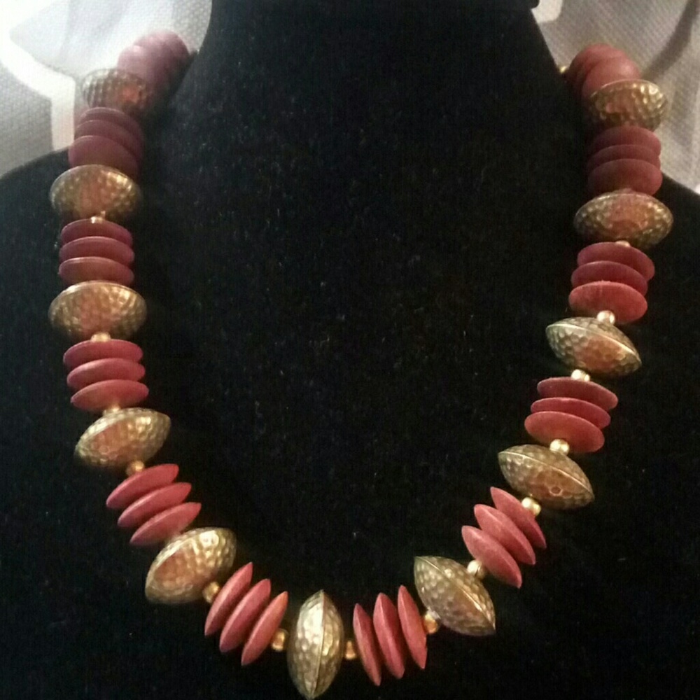 Copper and wood geometric necklace